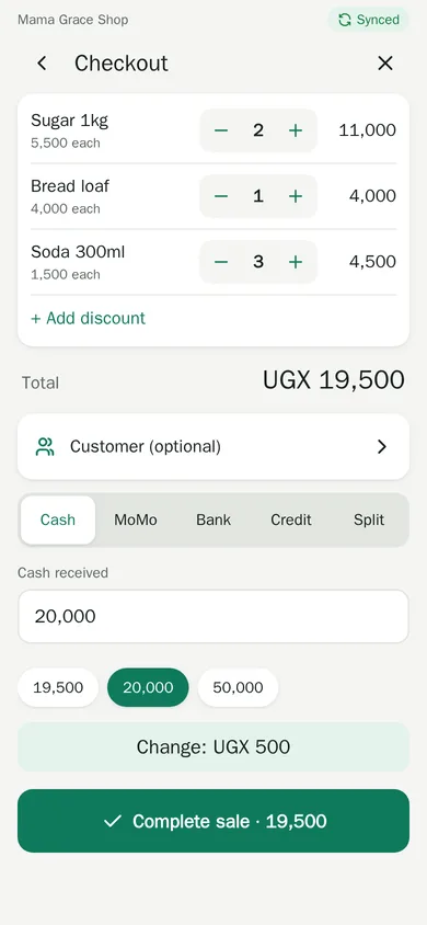 Checkout showing a total of 19,500 and change of 500