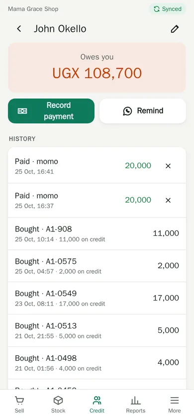 A customer's account: owes UGX 108,700, with Record payment and Remind buttons