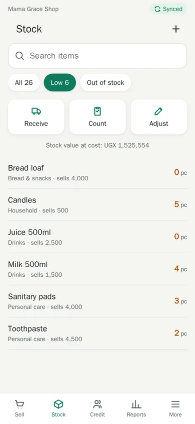 Stock list showing six items running low